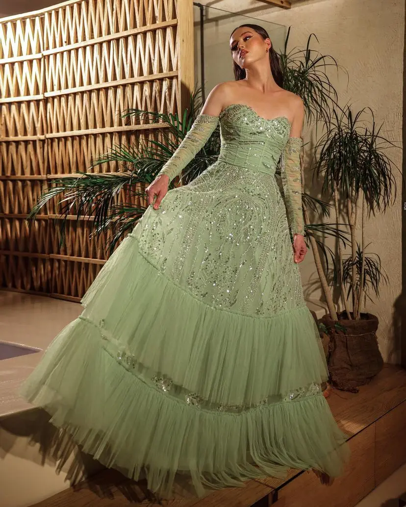 

FLORINE TULIRAIN Scalloped Neckline Beaded A-line Embroidery Green Wedding Evening Dress Cocktail Prom Gown For Sexy Women