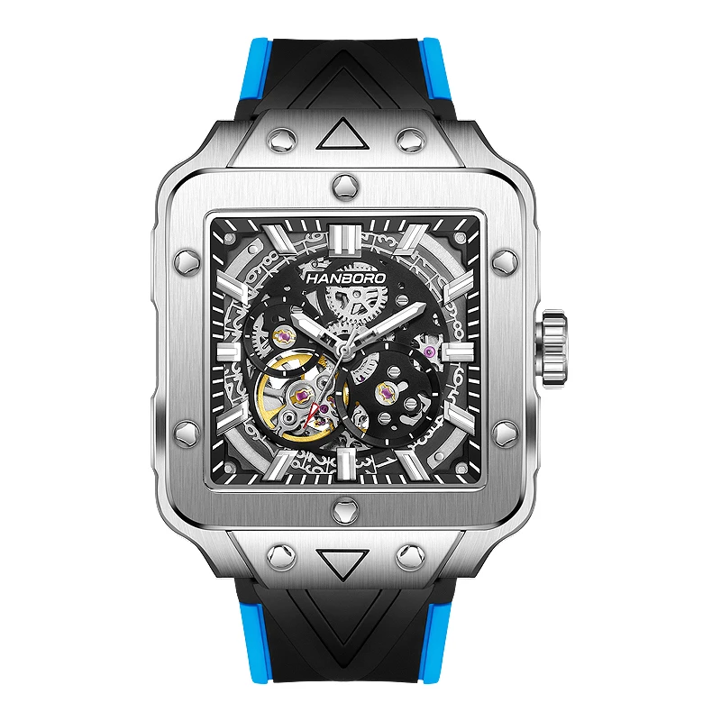 

HANBORO Men Luxury Watch 42mm Square Automatic Mechanical Wristwatch 3ATM Waterproof Luminous Skeleton Dial