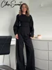 Elegant Solid Top Pants Women Set Long Sleeve O-neck Pleated Tops Wide Leg Trousers Suits 2024 Autumn Vacation Lady Suit 1