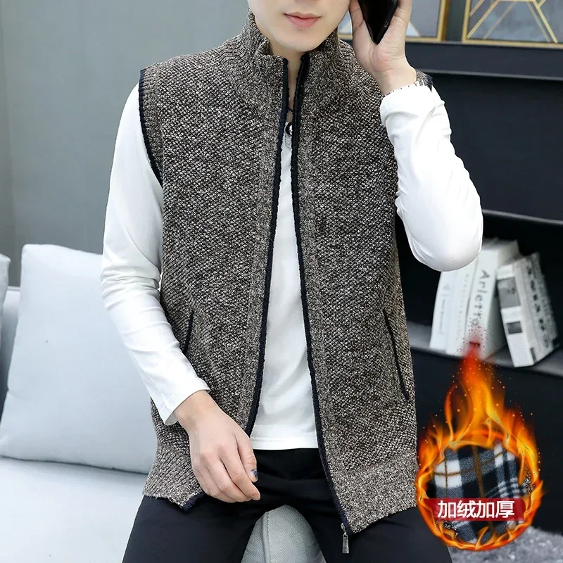 Men's Autumn and Winter New Sweater Vest Korean Version Sleeveless Plus Fleece Vest Warm Wool Knitted Waistcoat