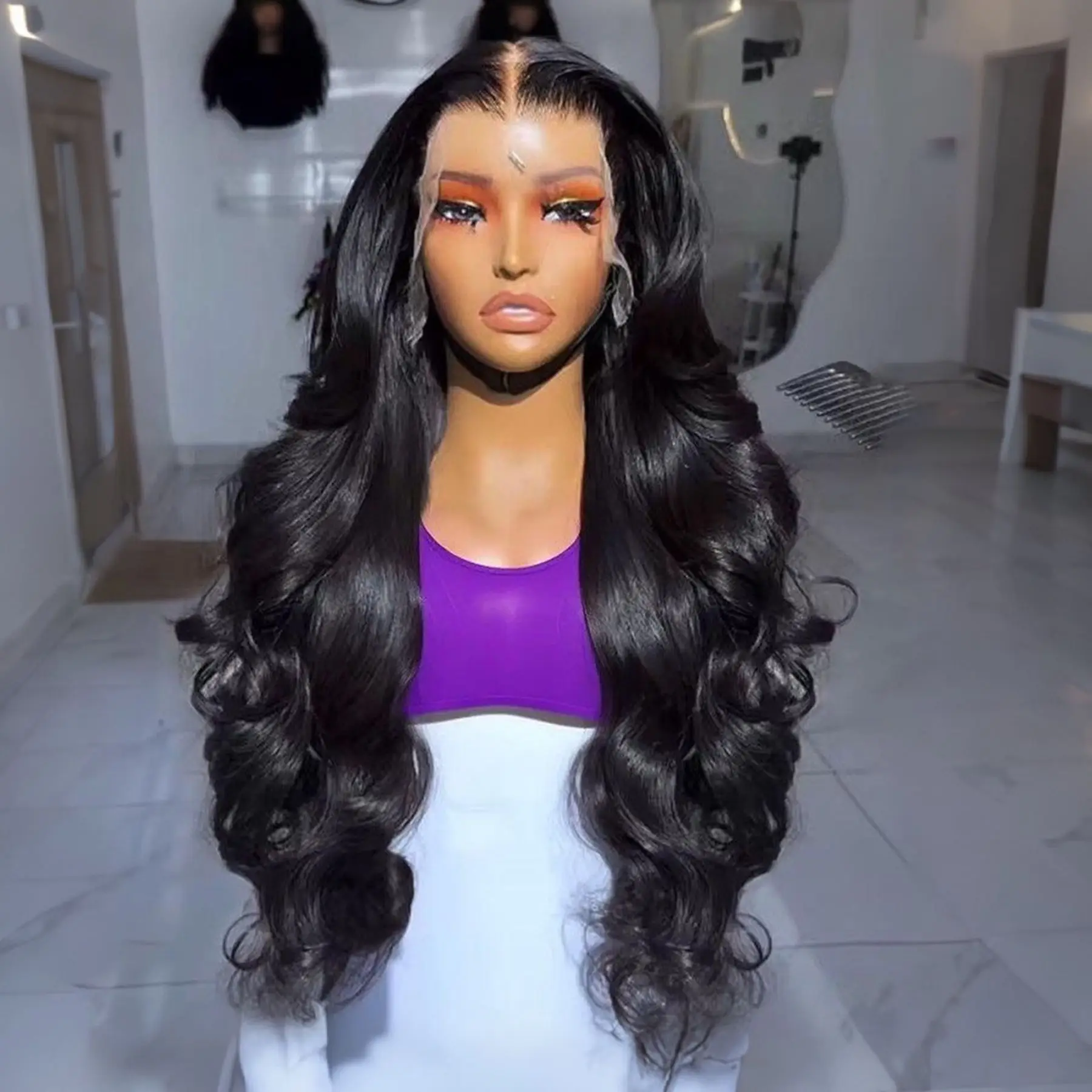 Loose Wave 13X4X1 Lace Frontal Synthetic Long Wig For Black Women Natural Black Color Wet And Wavy Hairline Preplucked Cosplay