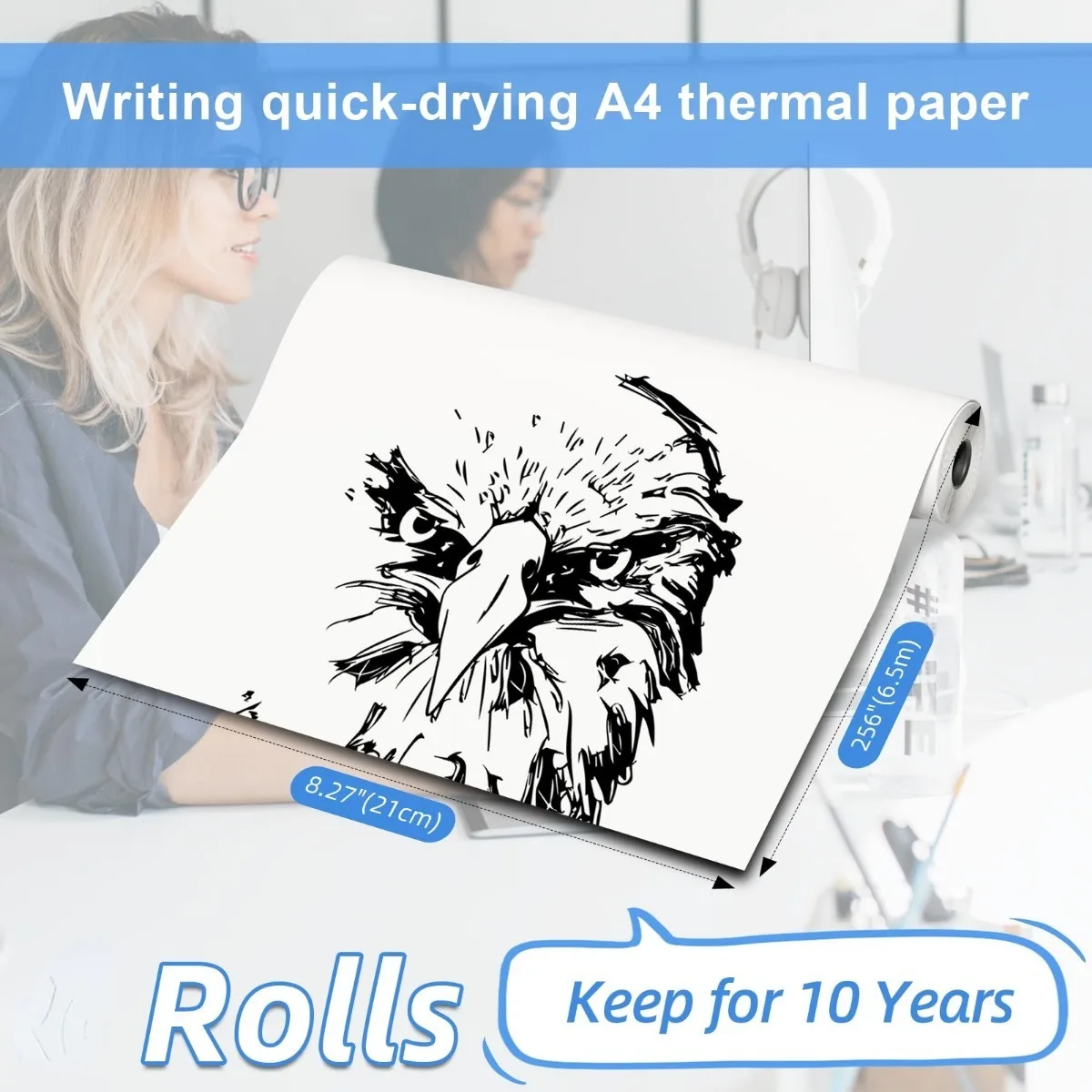 A4 Quick-dry Continuous Thermal Paper, 8.27"x275 3/5" (210mm*6.5m) Width for Phomemo M08F/M832/M833/M834 Portable A4 Printer