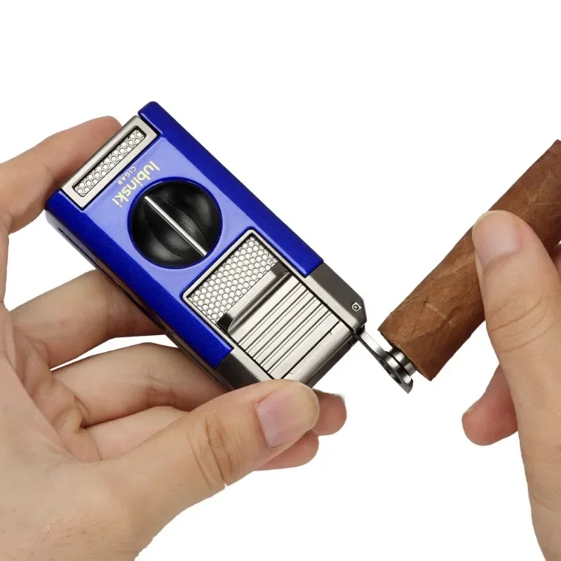 LUBINSKI 4-in-1 Cigar Turbo Lighter V-Type Cigar Cutter Cigar Punching Needle Metal 2-Torch Butane Gas Jet Lighter Men's Gifts 6