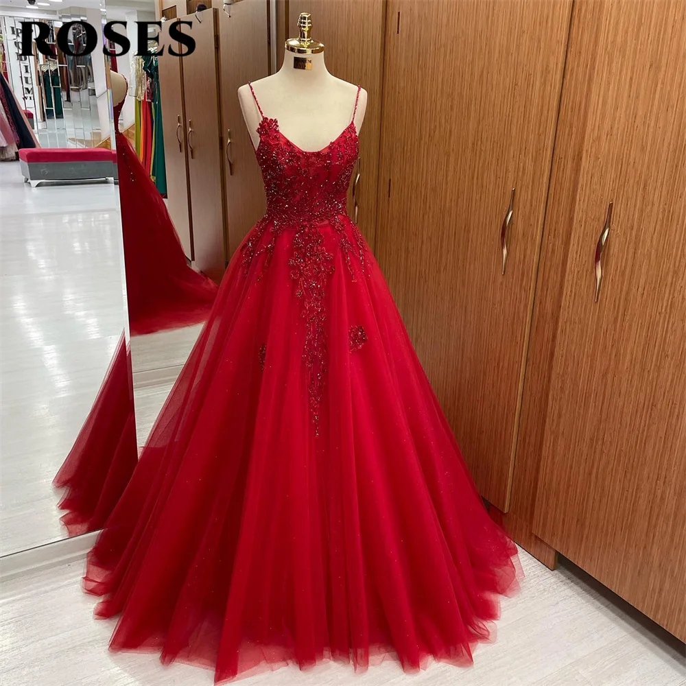 ROSES Spaghetti Strap A Line Special Occasion Dresses Appliques Lace Formal Gown Long Beading Evening Dress vestidos de fiesta