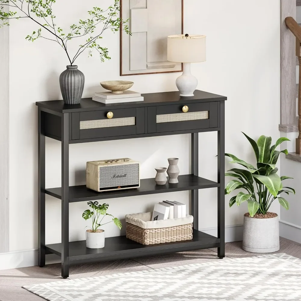 Rattan-Like Narrow Console Table with 2 Drawers, 31.5-Inch Sofa Table with Storage, for Hallway and Foyer 2