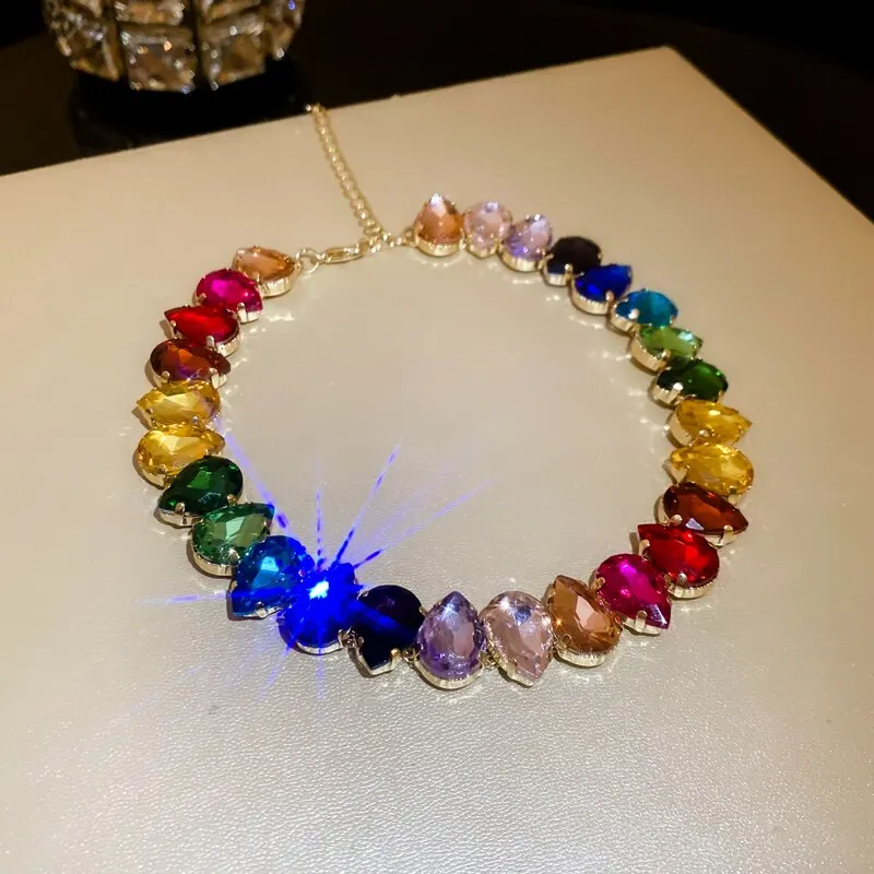 S002b6a0a46c04bc6b8c9fd97a44419bdP Colorful Rhinestone Crystal Necklace For Women Luxury Fashion Water Drop Choker Necklaces for Party Wedding Bridal Jewelry Mallzona