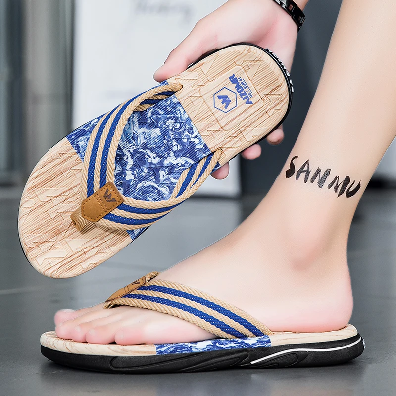 Japanese wood grain flip flops for men in summer wear anti-slip trend printed soft bottom clip foot stroke beach sand sand, view 6