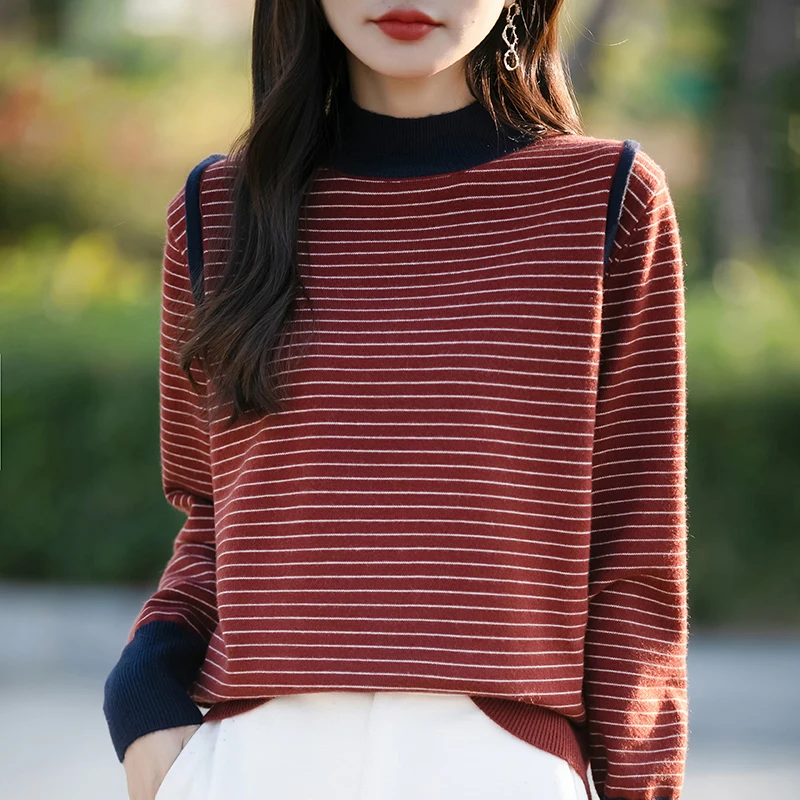 Autumn Winter Women Fine Wool Sweater Mock Collar Color Blocking Splicing Pullover Knitwear Thickening Clothing Bottoming Tops 1