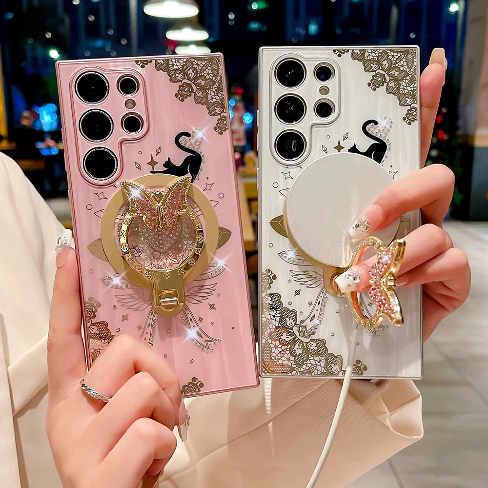 حافظة هاتف مغناطيسية على شكل فراشة ماسية لهاتف سامسونج جالاكسي S24 S23 S22 Ultra Plus magsafe  حلقة دائرية