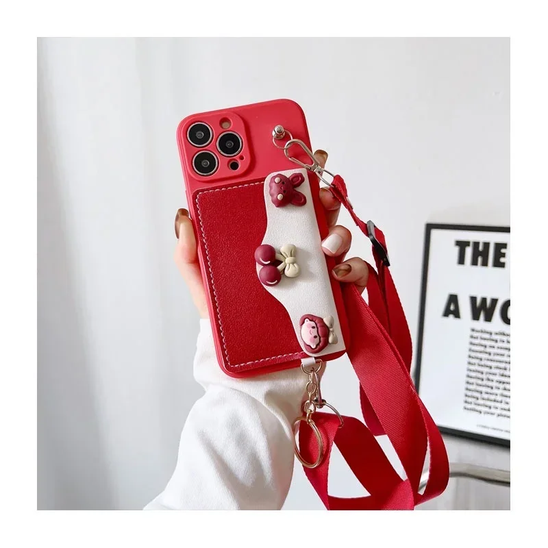 Crossbody Leather Strap Lanyard Wallet Silicone Case with Card Slot and Soft Cover