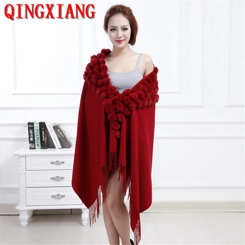 Mother's Gift Triangle Pompon Warm Loose Long Poncho Cloak Women Cashmere Shawl Cape Real Rabbit Fur Ball Tassel Out Streetwear