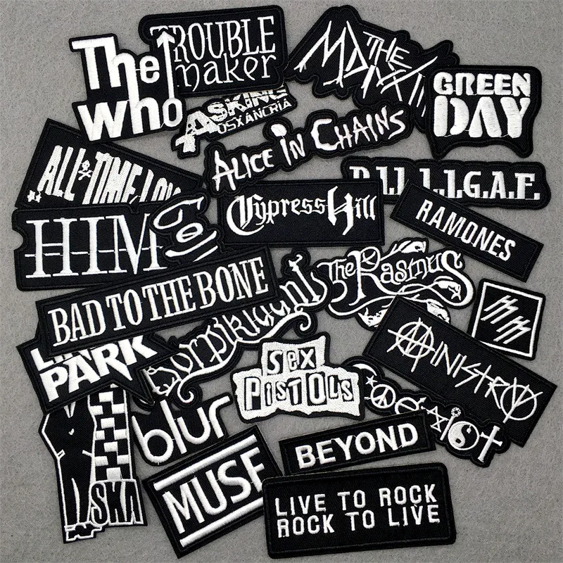 

25pcs/lot Rock Band Patches on Clothes Stickers DIY Iron on Patches for Clothing Appliques Embroidered Patches Black and White