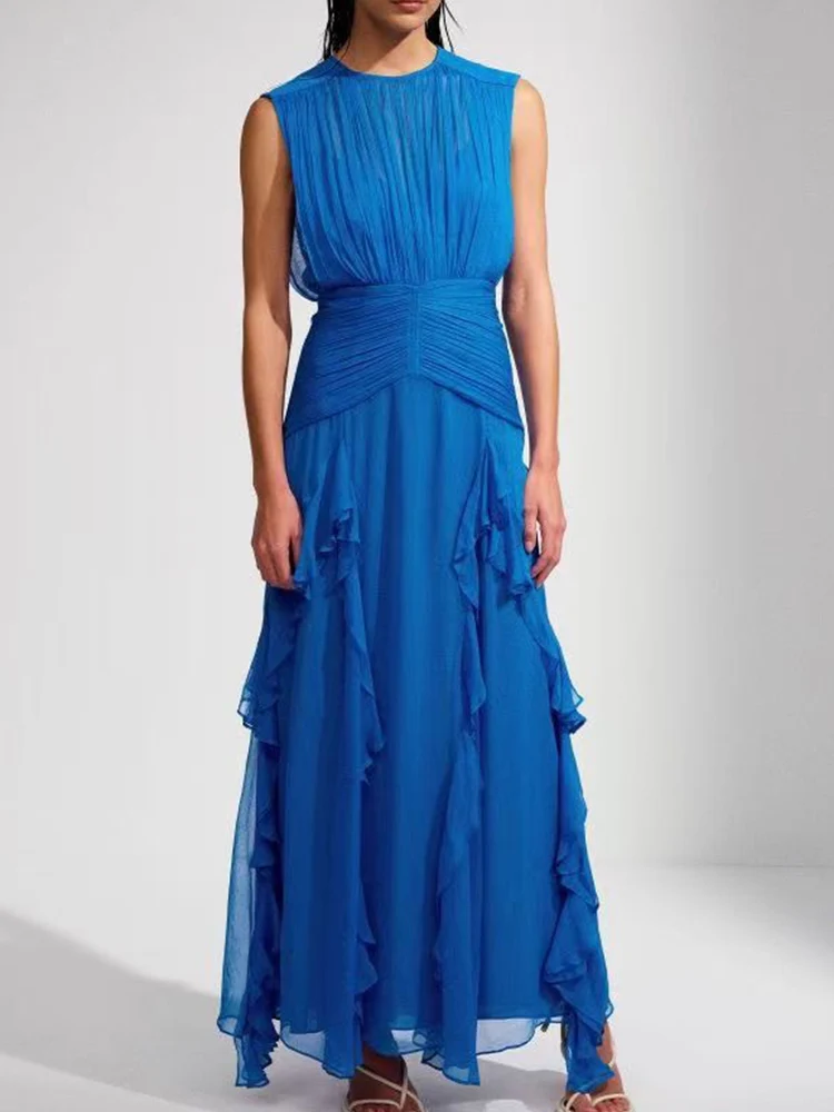 

Fashion round neck sleeveless pleated waist chiffon ruffled dress elegant long dress 2023 summer new high-end women's wear