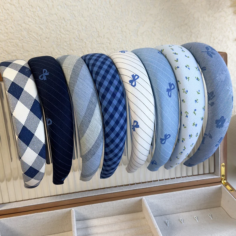 Bluish Stripe Plaid Print Headband with Sponge Padding and Sweet Blue Flower Bow Design