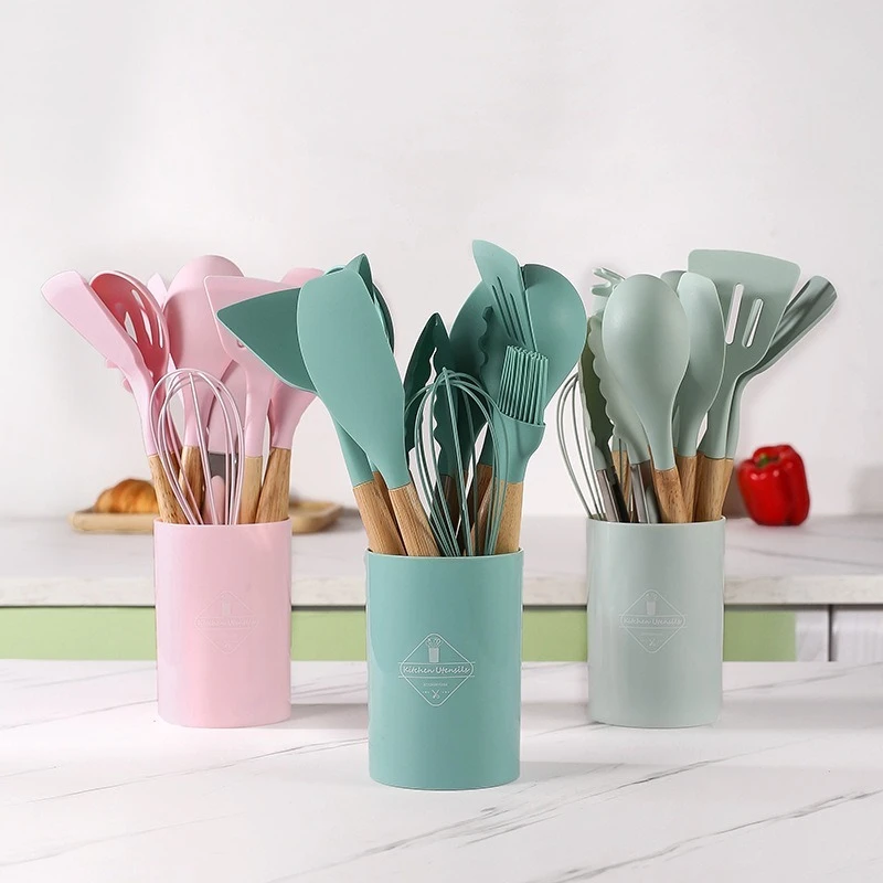 Kitchen utensils 12PCS Silicone Kitchenware Non-Stick Cookware Kitchen Utensils Set Spatula Shovel Egg Beaters Wooden Handle Cooking Tool Set