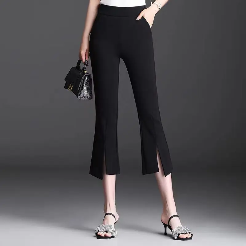 Fashion Simple Versatile Seven Point Split Flared Pants Women New Solid Elastic High Waist Pocket Summer Suit Straight Trousers