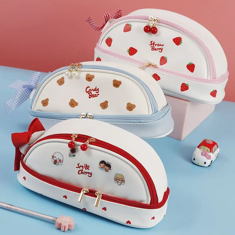 

Cute PU Large Capacity Pen Bag Japanese Style Ins Middle School Students Multifunctional Imitation Leather Pencil Bag