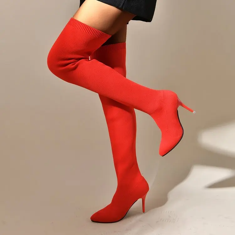 Damen Overknee Stiefel Aus Stretchstoff Mit Spitzer Zehenkappe_voghion.com