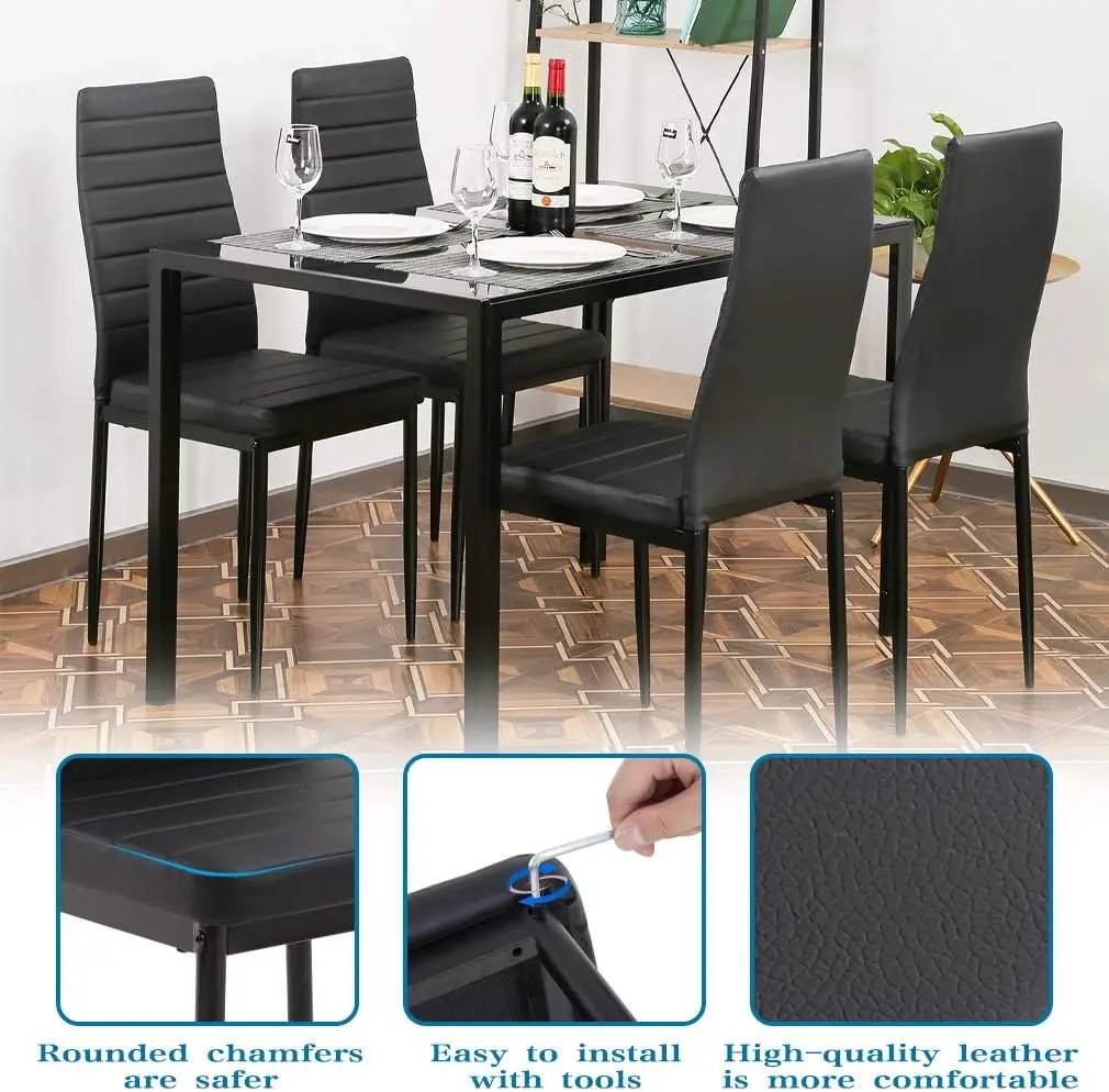 5-Piece Dining Table Set Glass Kitchen Table with 4 Upholstered Chairs Space-Saving Design Faux Leather Cushions Modern