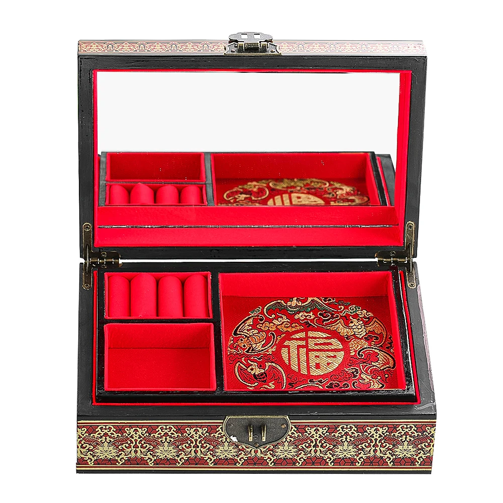 Chinese Magpie Jewelry Box Wooden Double Layer Jewelry Storage Handmade Painted Antique Makeup Case with Mirror Wedding Gift - Image 5