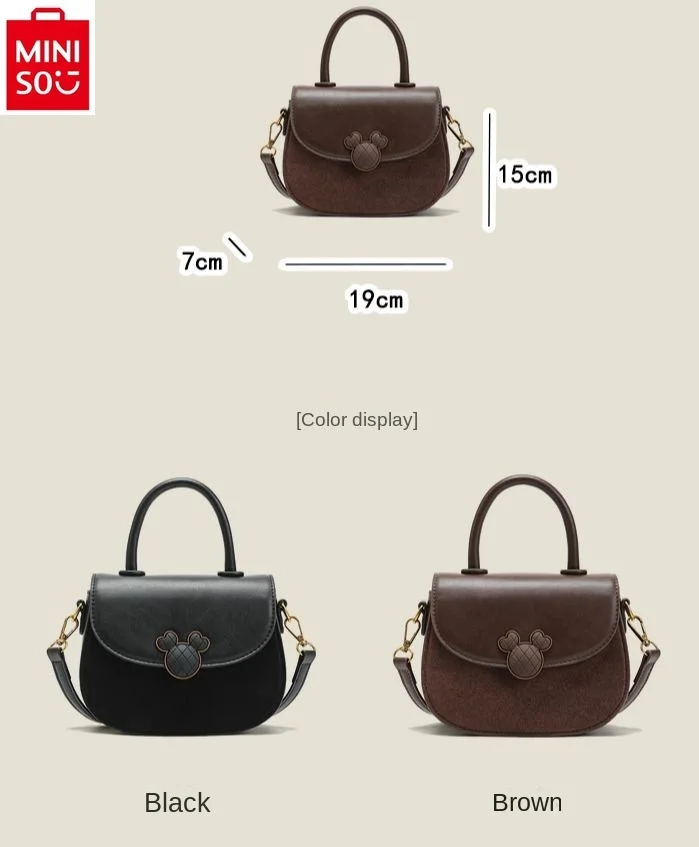 MINISO Disney Retro Fashion Mickey Lock Buckle Handbag for Women High Quality PU Classic Versatile Shoulder Small Round Bag