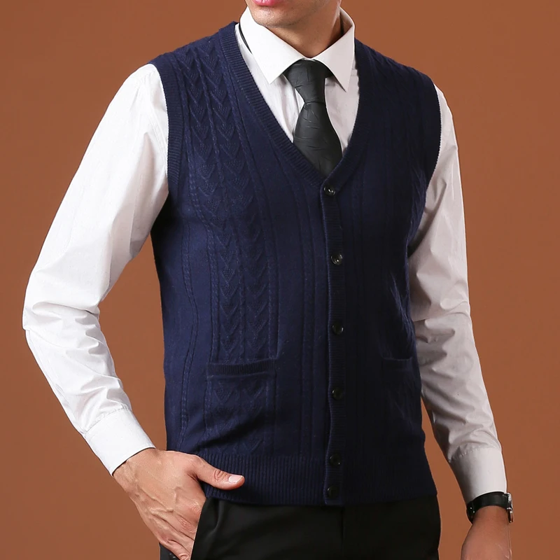 Description Picture 6 of itemMen Wool Vest Sleeveless Cardigan Knit Buttons Down Basic Sweater Thick for Autumn Winter V Neck Stripes Business Casual 00325