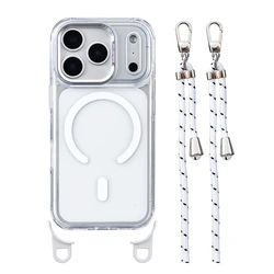 Magnetic Transparent Crossbody Neck Lanyard Soft Phone Case with Strap - iPhone 15 Plus (White)