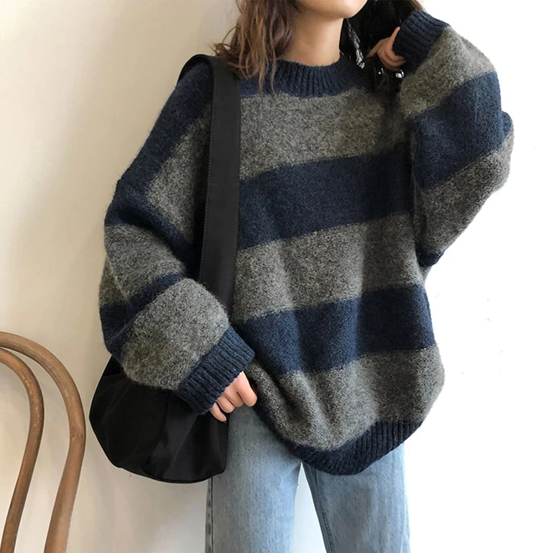 

Vintage Fashion Striped Sweater 2023 Spring Korean Version New Casual Loose Harajuku Oversized Round Neck Pullover
