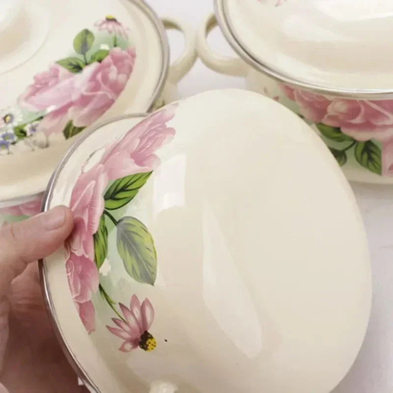 Milk Pot Enamel  Bowl Baby Food Bowl Ear Pot Cartoon with Lid Induction Pot Cooking