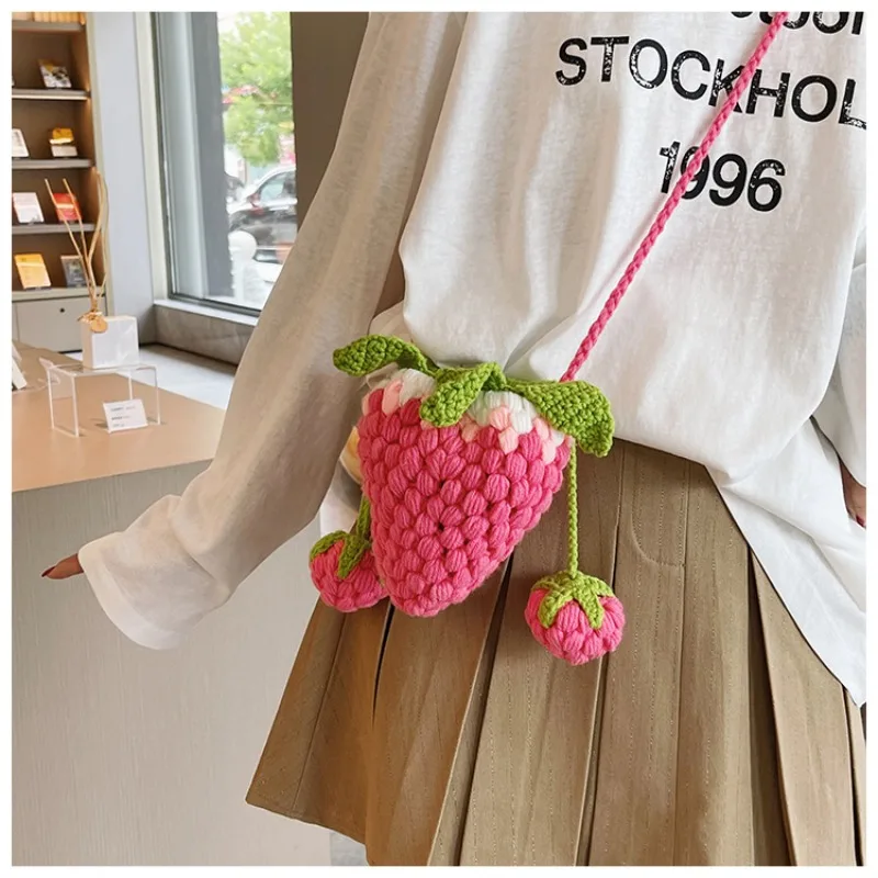 Handcrafted Strawberry Crochet Bag - New Trendy Yarn Crossbody Purse for Kids, Cute Home  Gift,  Practical  Coin  Pouch