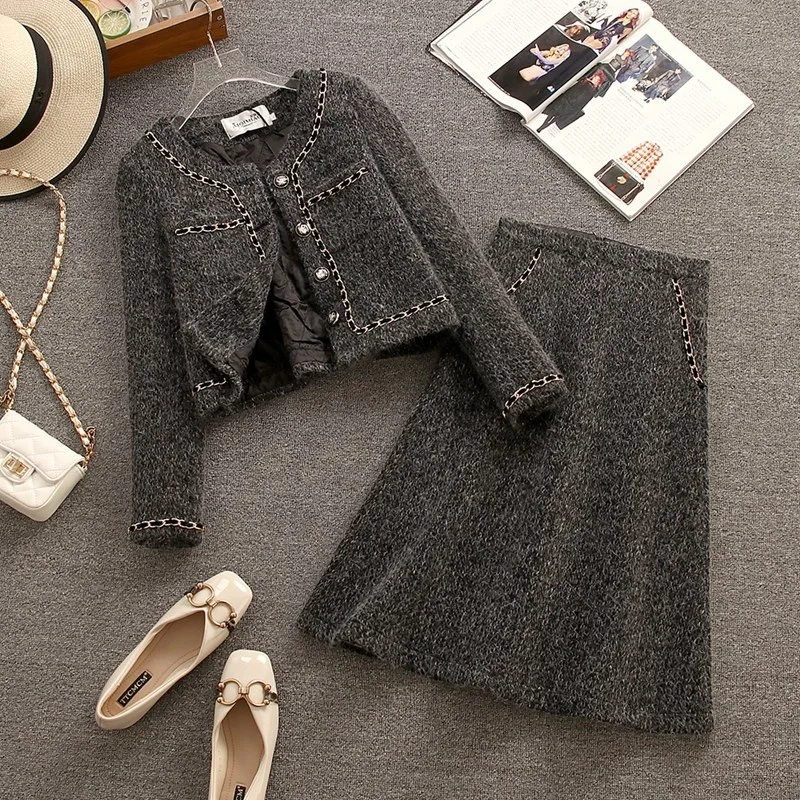 

2022 Autumn Winter New Two Piece Set Women Outfits Elegant Single Breasted Chain Patchwork Short Coat+High Waist Slim Skirt Suit