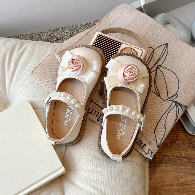 Leather Kids Princess Flat Shoes for Wedding Party