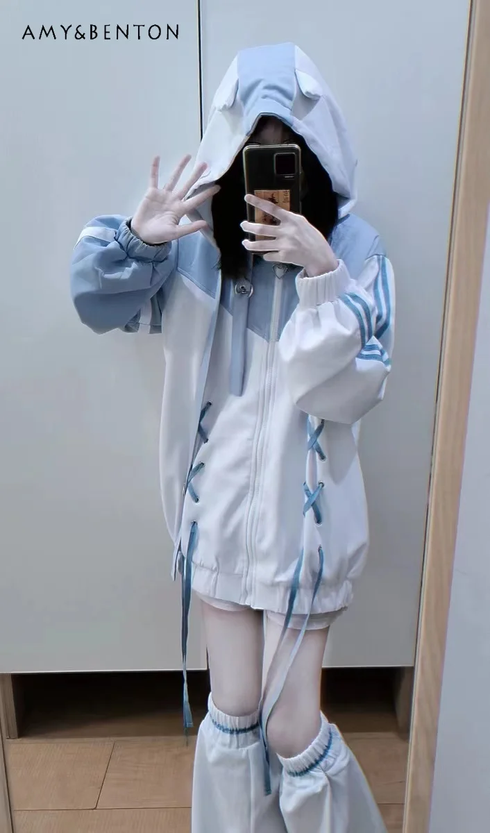 

Asian Culture Y2k Soft Girl Mine Series Water Color System Hooded Sweatshirt Jacket Women Loose Tied Zipper Cardigan Hoodie Coat
