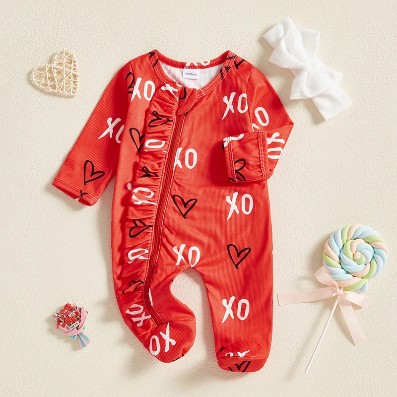 Pudcoco Baby Girls Valentine's Day Jumpsuit Long Sleeve Round Neck Letter Heart Print Oblique Zipper Romper with Headband