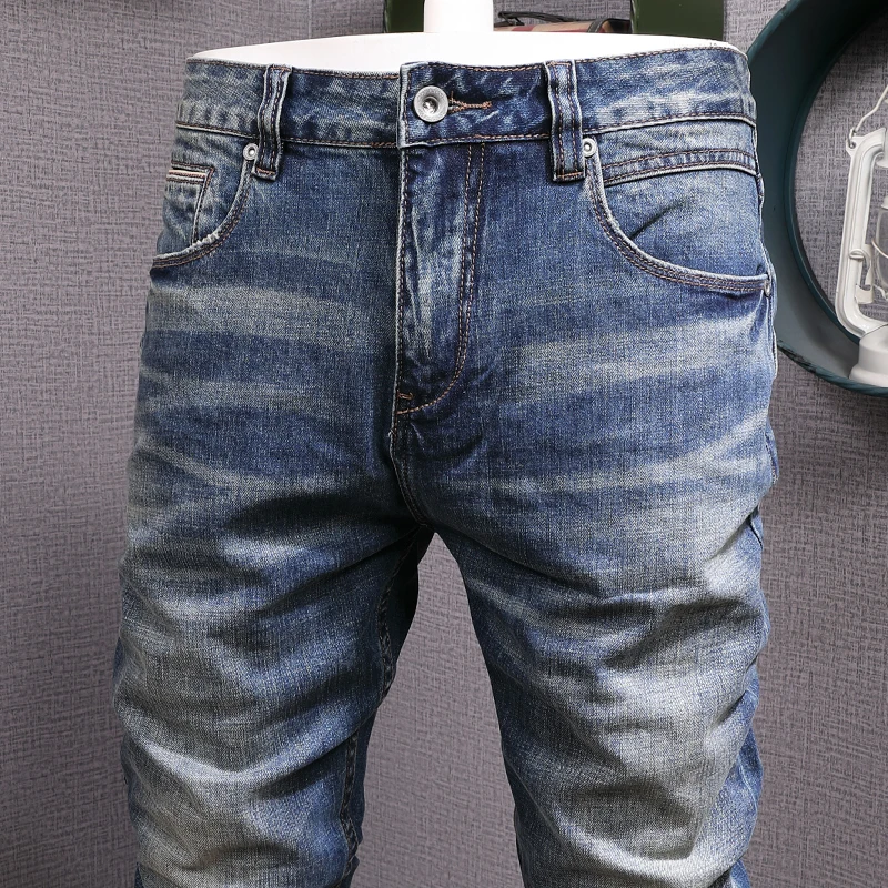 Newly Vintage Fashion Men Jeans High Quality Retro Blue Stretch Slim Fit Ripped Jeans Men Casual Designer Denim Pants Hombre