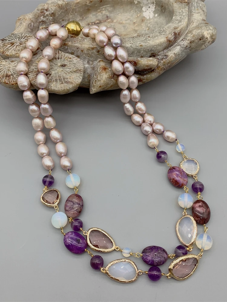 S002d5ca8fd664ad9864a936c43325354D 2 Strands Purple Azurite Amethyst Necklace For Women 8-9mm Freshwater Pink Baroque Rice Pearls Moonstone Quartz Mallzona
