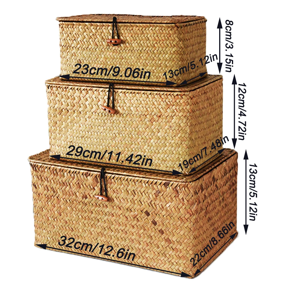 Wicker Rattan Woven Storage Basket Daily Home Wardrobe Clothing Grocery Laundry Basket With Lid Desktop Cosmetics Storage Box 6