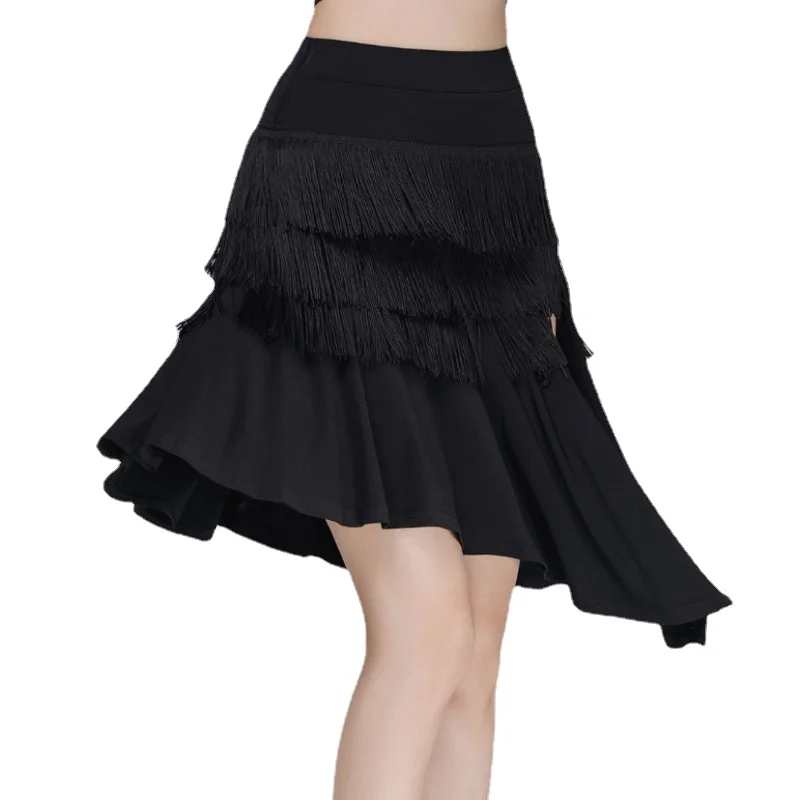 

Latin Dance Skirt Multilayer Black Tassel Dress Female Adult Rumba Samba Latin Professional Dance Training Dress Fringe Skirt