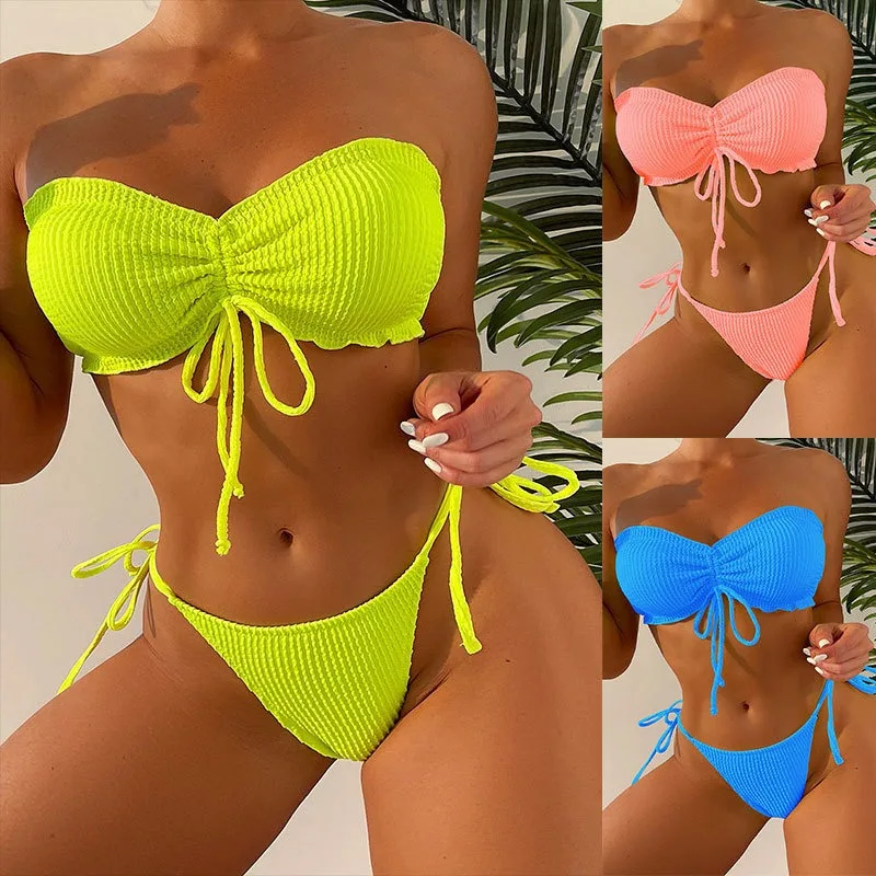 

Europe and The United States Sexy Strapless Tied Two-piece Swimsuit Women's High-waisted Thong Bikini