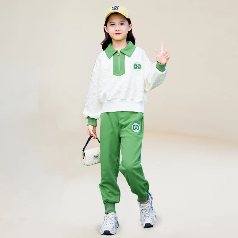 

2 Piece Sets Girls Outfits 2023 Spring New Long Sleeve Zipper Half Pullover Coat Casual Trousers Korean Pants Set Full Clothes