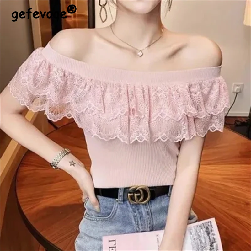 

Women Fashion Ruffles Lace Patchwork Elegant Ice Silk Knitwears 2024 Summer Sexy Off Shoulder Solid Slim Short Sleeve Fairy Tops