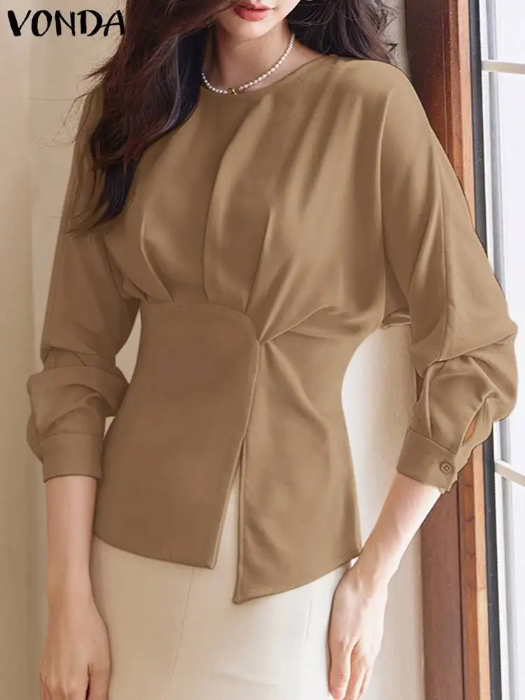 

VONDA Women Loose Blouse Elegant Office Shirts 2024 Fashion Solid Color Tops Long Sleeve Casual Tunic Pleated Blusas Femininas