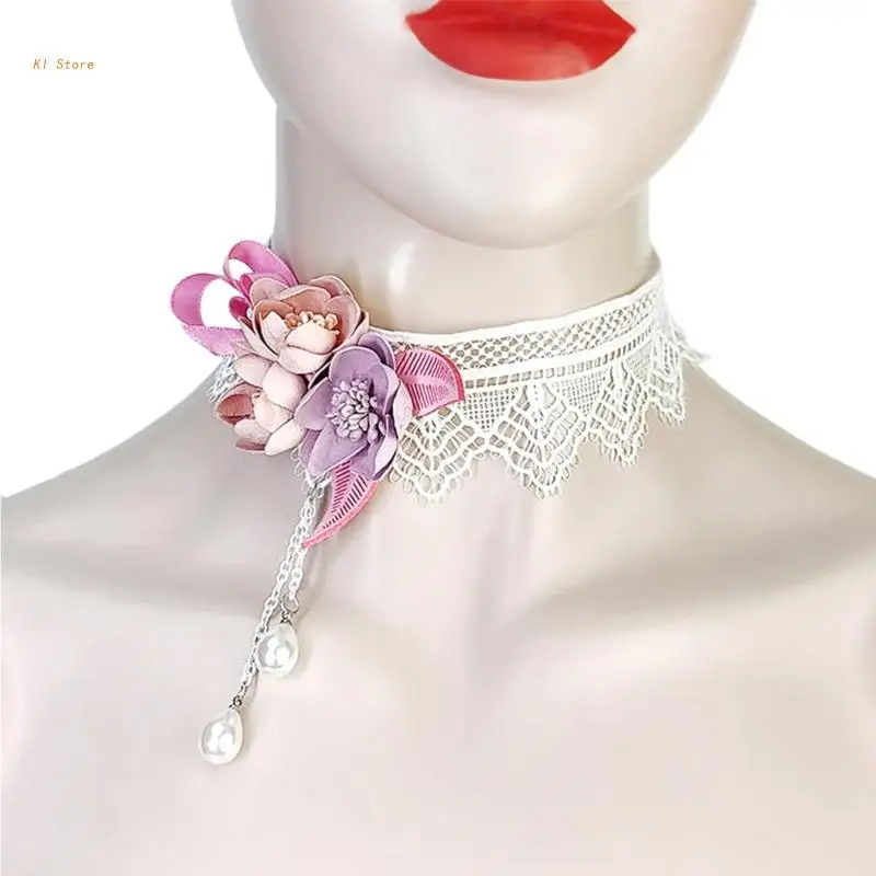 

White Lace Choker Necklace Flower Pearl Tassel Choker for Women Girls-Jewelry