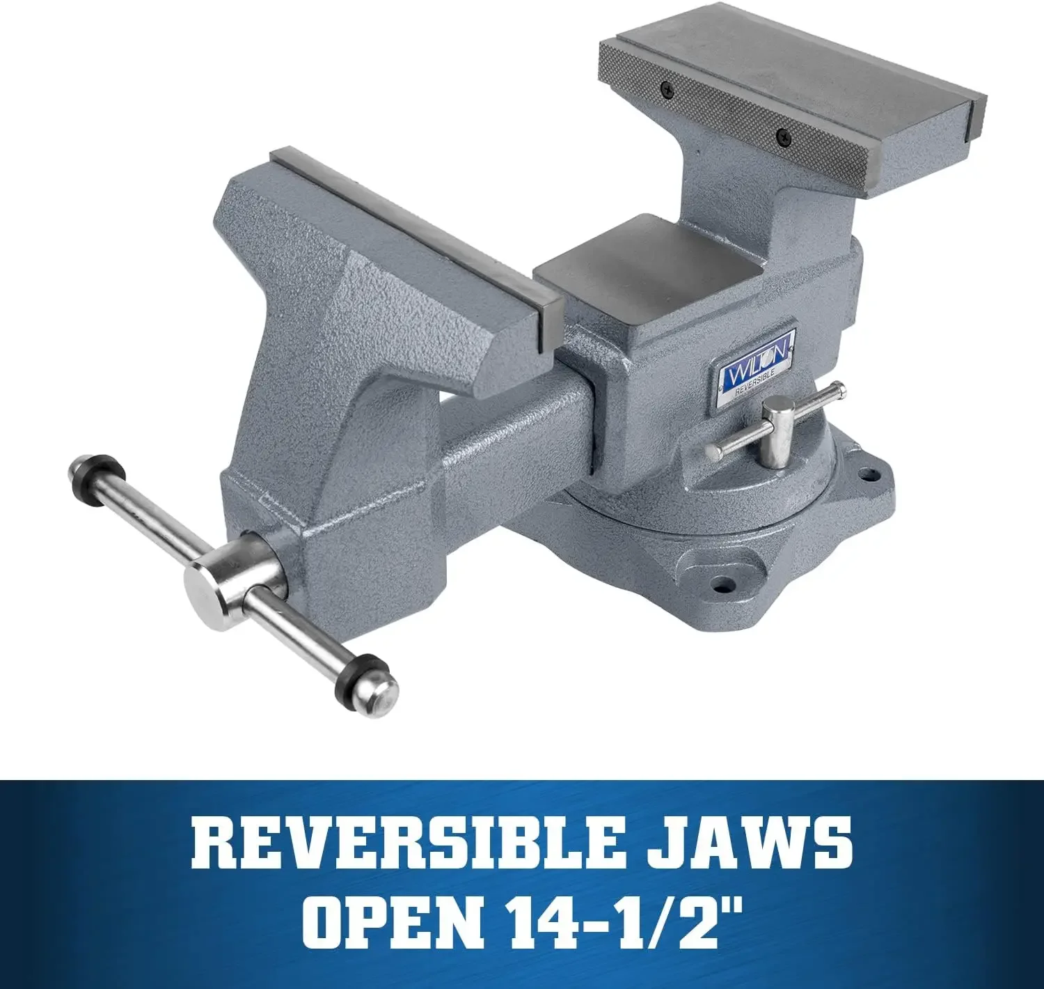 Reversible Bench Vise 8" Jaw Width 9-1/4" & 14-1/2" Jaw Opening, 4-3/4" Throat Dual lockdowns and a 360° swivel base 4