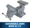 Reversible Bench Vise 8" Jaw Width 9-1/4" & 14-1/2" Jaw Opening, 4-3/4" Throat Dual lockdowns and a 360° swivel base 4