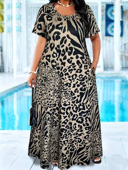 Plus Size Leopard Zebra Mix Print Maxi Dress Summer Casual Short Sleeve Scoop Neck Loose A Line Long Sundress With Pocket 1