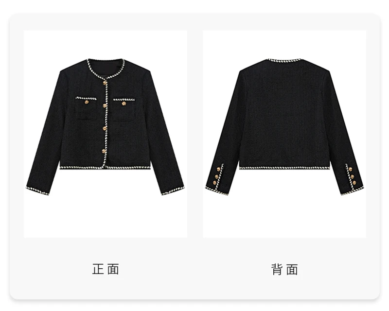 Vintage Cropped Tweed Jacket Women Black Quilted Coat Elegant Blazer Winter Ladies Single Breasted Thicken Outerwear Tops