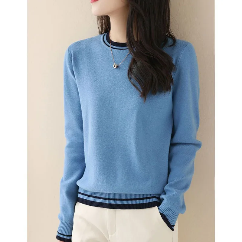 

New Fashion Color Block Ice Silk Round Neck Versatile Loose Fit Slim Reducing Age Women's Casual Knitted Long Sleeve Sweater