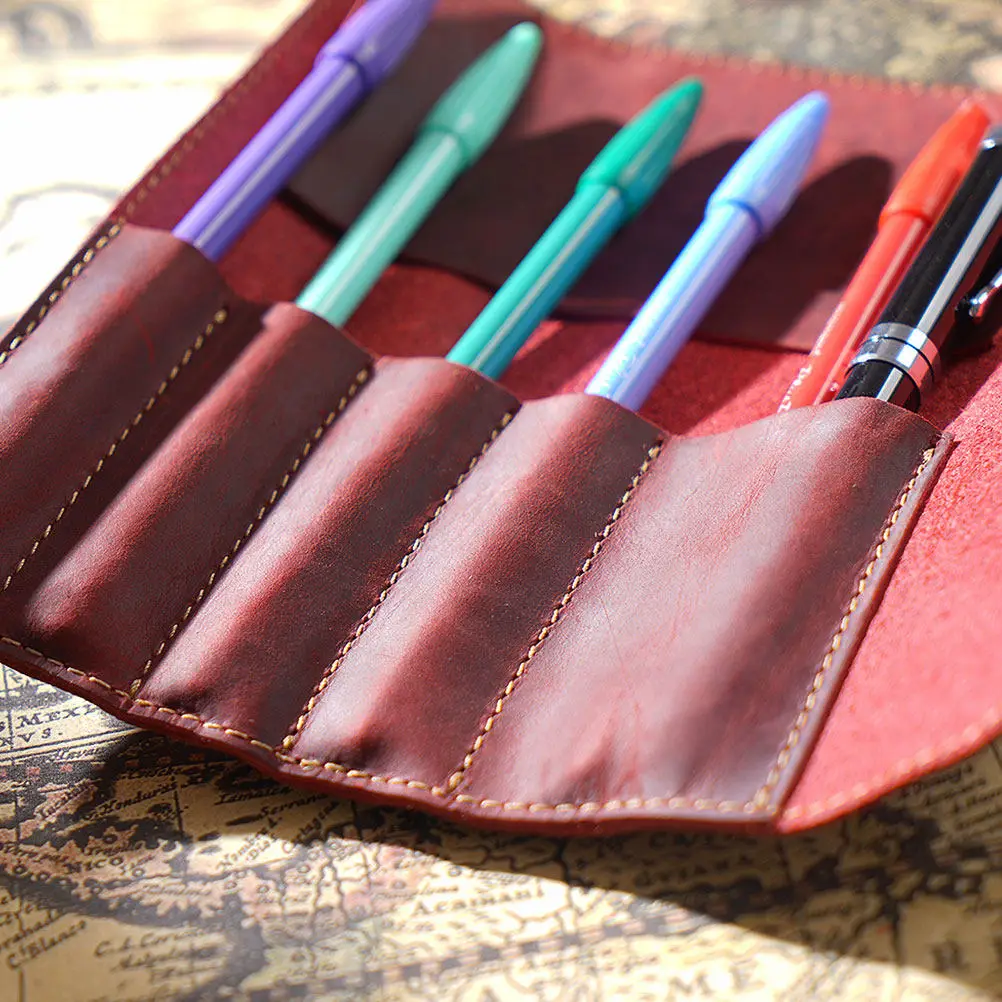 수제 빈티지 짙은 빨간색 펜 파우치 롤 펜 케이스 연필 가방 홀더 (만년필, 볼펜용)