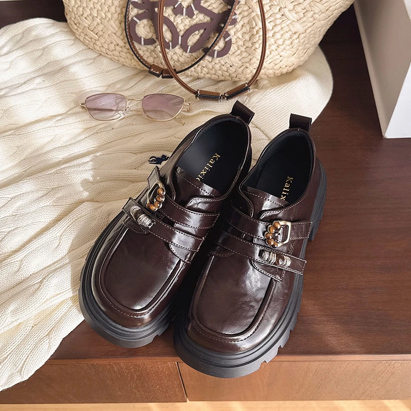 Aphixta 6cm Square Heel Women Flats String Bead Woman Loafers High Quality Leather Ladies Casual Shoes Round Toe Footwear